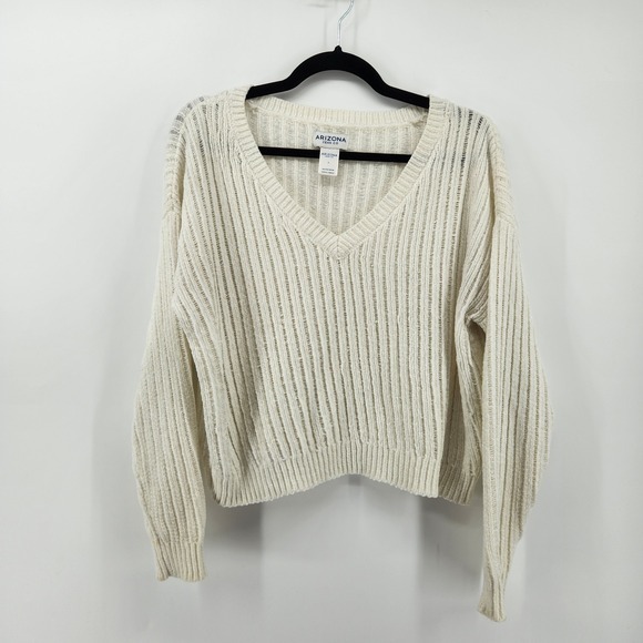 Arizona Jean Company Sweaters - Arizona Jean Co Women's Knit Sweater White V Neck Long Sleeve Cropped Size L